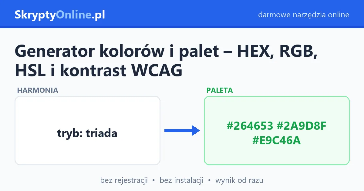 Generator kolorów i palet – HEX, RGB, HSL i kontrast WCAG – przykład działania: przed i po