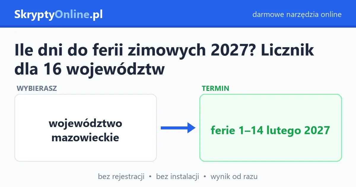 Ile dni do ferii zimowych 2027? Licznik dla 16 województw — przykład działania: przed i po