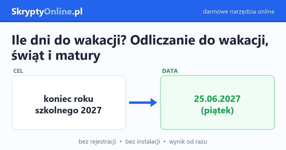 Ile dni do wakacji? Odliczanie do wakacji, świąt i matury — przykład działania: przed i po