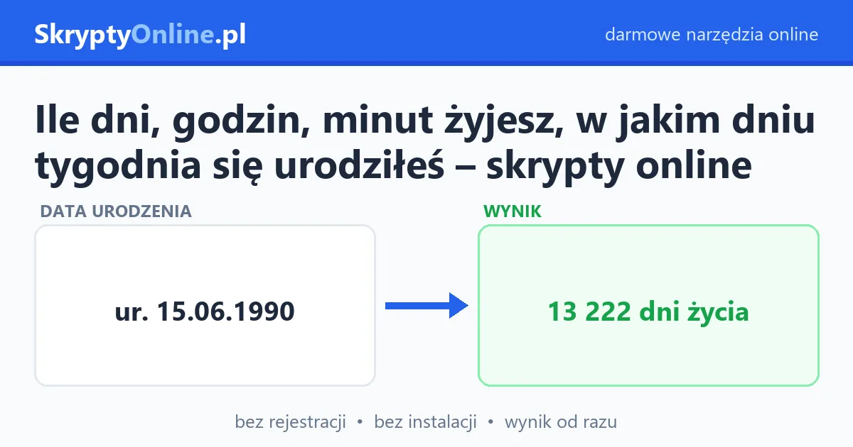 Ile dni, godzin, minut żyjesz, w jakim dniu tygodnia się urodziłeś – skrypty online – przykład działania: przed i po