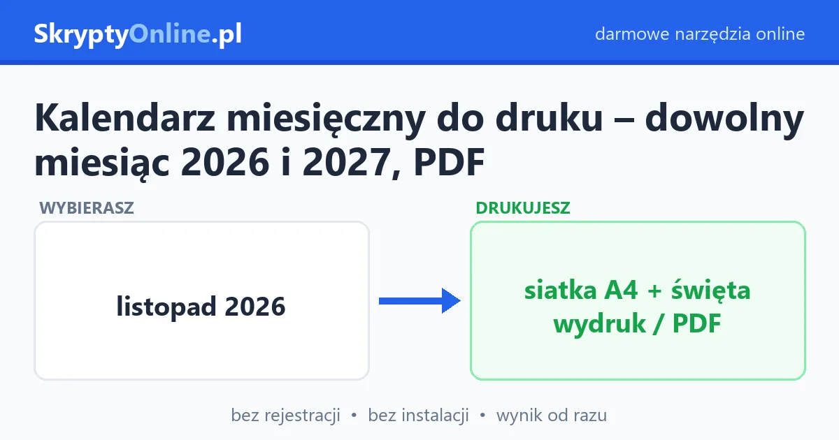 Kalendarz miesięczny do druku – dowolny miesiąc 2026 i 2027, PDF – przykład działania: przed i po