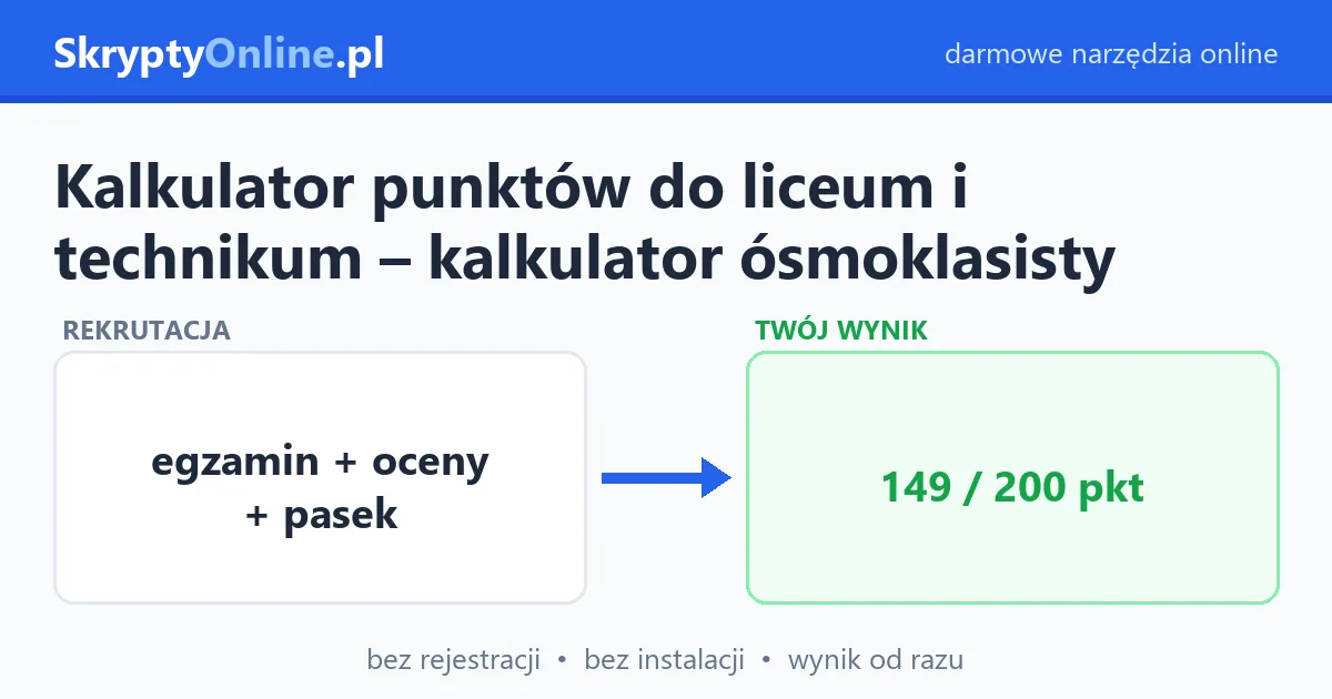 Kalkulator punktów do liceum i technikum – kalkulator ósmoklasisty — przykład działania: przed i po