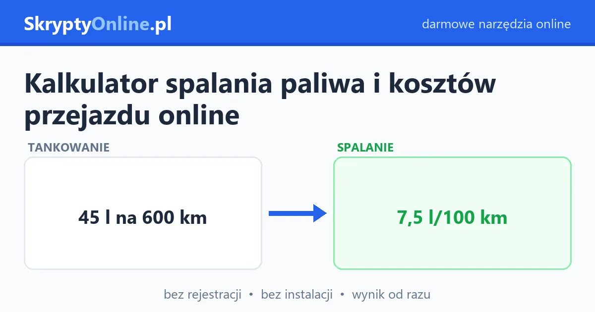 Kalkulator spalania paliwa i kosztów przejazdu online — przykład działania: przed i po