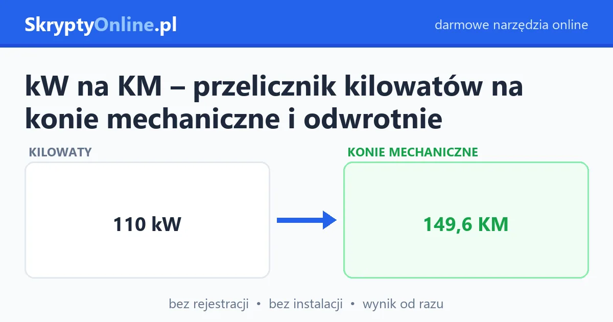 kW na KM – przelicznik kilowatów na konie mechaniczne i odwrotnie – przykład działania: przed i po