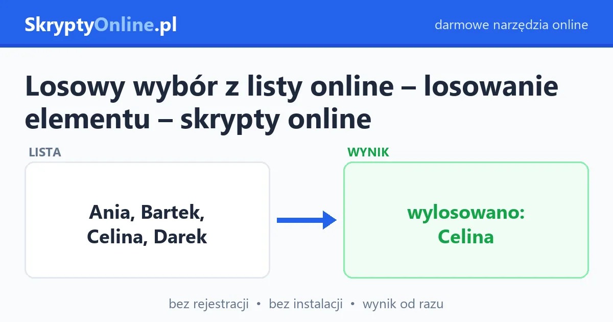Losowy wybór z listy online – losowanie elementu – skrypty online – przykład działania: przed i po