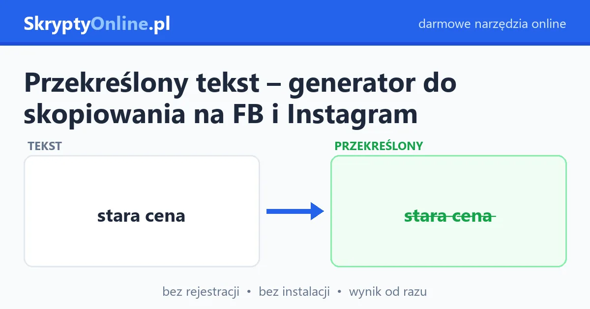 Przekreślony tekst – generator do skopiowania na FB i Instagram – przykład działania: przed i po