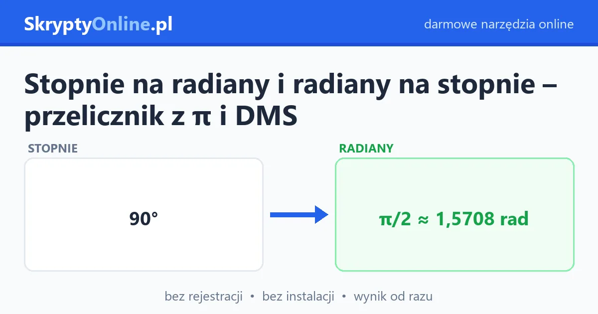 Stopnie na radiany i radiany na stopnie – przelicznik z π i DMS – przykład działania: przed i po