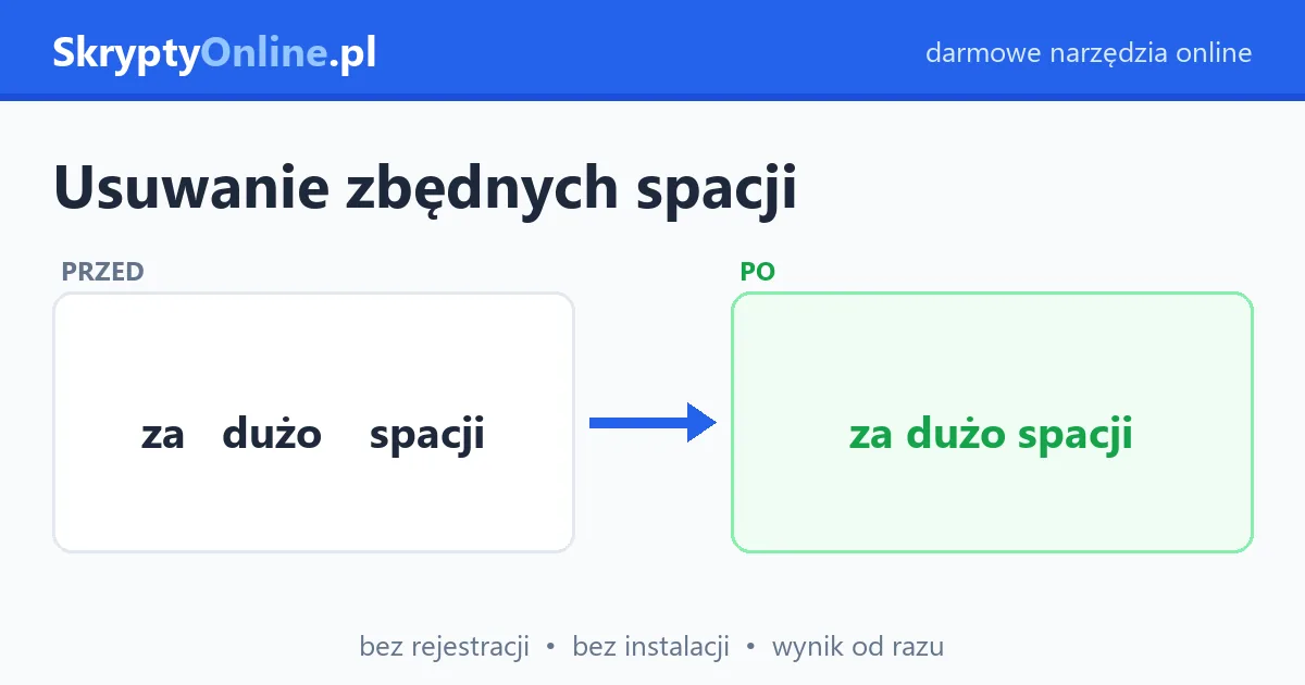 Usuwanie spacji z tekstu online – usuń, przytnij lub znormalizuj spacje — przykład działania: przed i po
