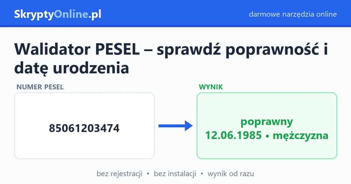 Walidator PESEL – sprawdź poprawność i datę urodzenia — przykład działania: przed i po
