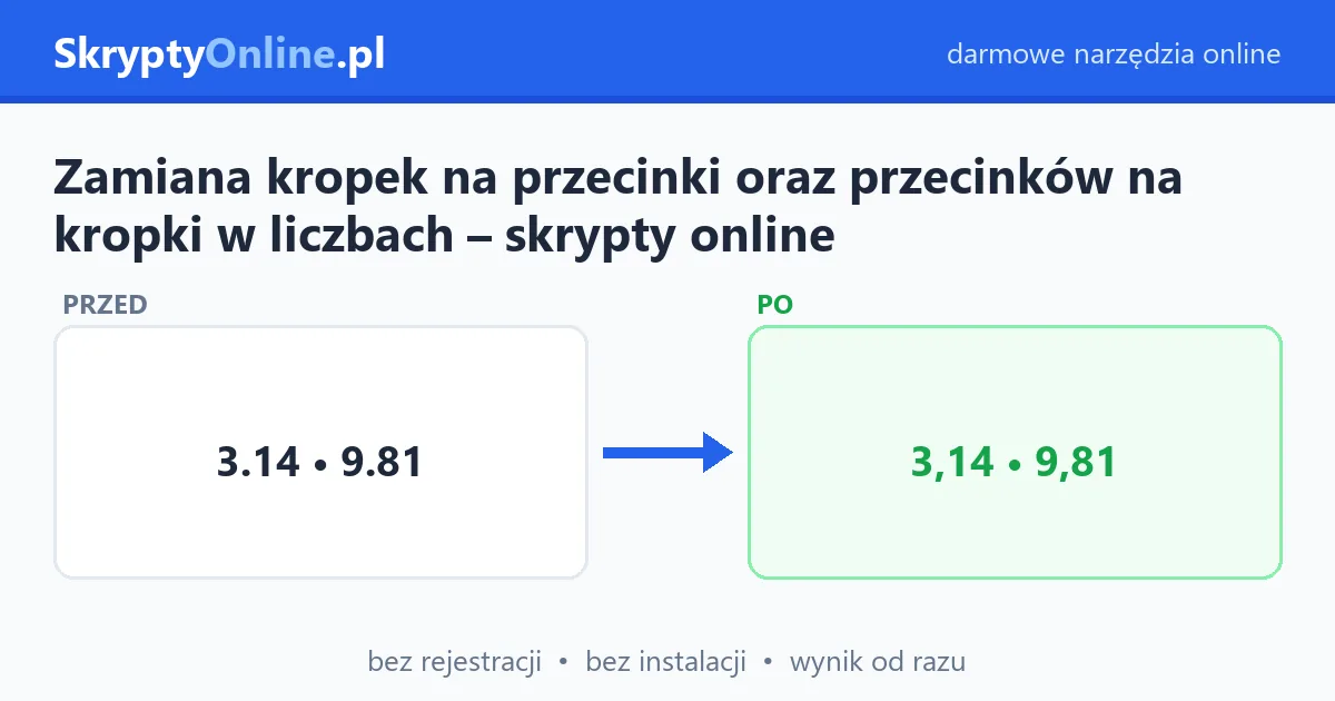 Zamiana kropek na przecinki oraz przecinków na kropki w liczbach – skrypty online – przykład działania: przed i po